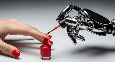 Naklejka premium Close-up of a robot applying nail polish to a woman’s hand, high contrast between synthetic and real skin.