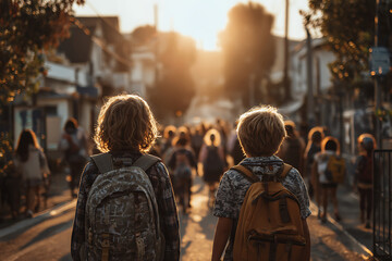 Obraz premium Two Students with Sun-Kissed Hair on Their Journey Home at Golden Hour