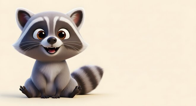 Cute cartoon raccoon sitting and smiling with copy space - Powered by Adobe