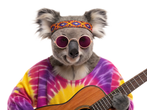 A koala bear wearing a tie dye shirt and sunglasses playing a guitar on a transparent background