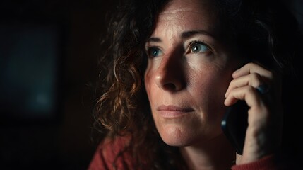 Candid Emotional Portrait of Thoughtful Woman Communicating on Phone: Intense Nighttime Close-up with Curly Silhouette, Serious Mood, Social Interaction and Anxiety in Realistic Indoor Setting