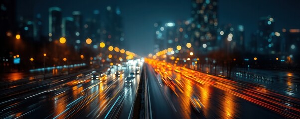 Fototapeta premium Blurred Traffic Lights Illuminate a City Street at Night