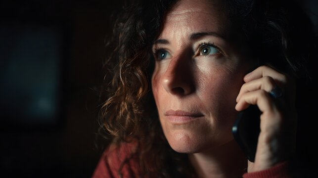 Candid Emotional Portrait of Thoughtful Woman Communicating on Phone: Intense Nighttime Close-up with Curly Silhouette, Serious Mood, Social Interaction and Anxiety in Realistic Indoor Setting