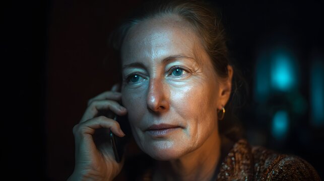 Serious Woman on Phone Call at Night: Close-Up Portrait Capturing Thoughtful Expression in Warm Domestic Setting with Dramatic Lighting, Focus on Emotions and Personal Connection. - Powered by Adobe