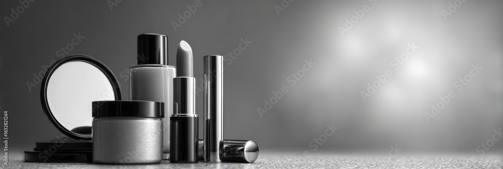 Poster monochrome collection of cosmetics with reflective surface and mirror placement showcasing simplicit