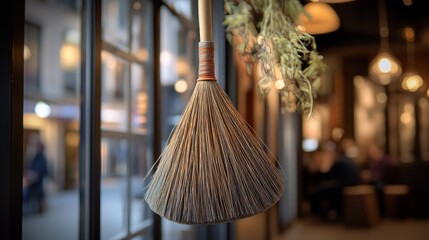 A handcrafted broom hangs gracefully against a blurred background