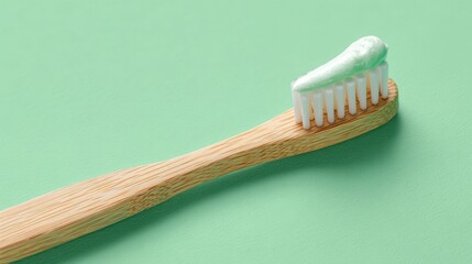 Wooden Toothbrush With Mint Toothpaste on a Green Surface Ready for Use