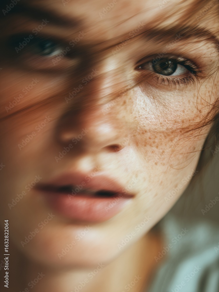 Poster freckled face in motion blur against a soft color background with a serene expression and dynamic ha