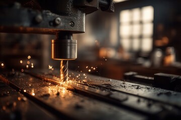 Industrial Drill Press Operates in Workshop Creating Sparks During Work