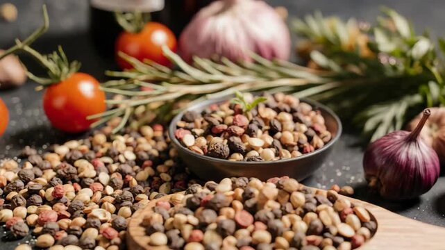 Variety of spices and herbs arrangement featuring lentils, tomatoes, garlic and rosemary
