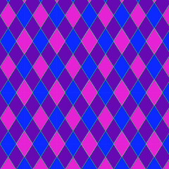 
Modern Colorful Rhombus Pattern in Pink and Blue. Seamless geometric pattern featuring alternating pink, blue, and purple diamond shapes outlined with thin green lines