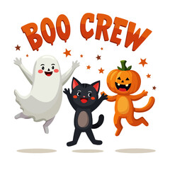 Adorable halloween boo crew with ghost, cat and pumpkin isolated on white background