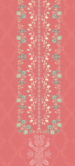 Vintage Floral Pattern with Geometric Accents on Coral Background – Seamless Textile Design
