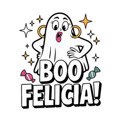 Cartoon ghost with makeup and earrings saying boo felicia isolated on white background