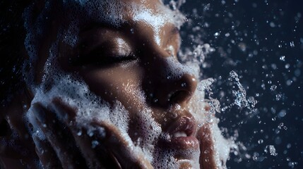 Fototapeta premium Close-Up Facial Cleansing: Woman Washing Face with Soap Bubbles and Water Splash for Smooth and Glowing Skin - Skincare and Beauty Routine with Cosmetic Products for Healthy, Youthful Appearance