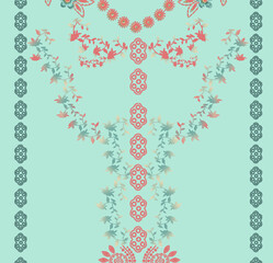 Coral Pink Seamless Floral and Ornamental Pattern – Vintage Ethnic Textile Design with Geometric Accents