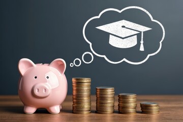 Saving for college education costs with piggy bank and graduation cap illustration