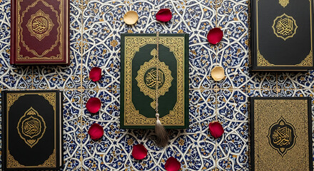 Collection of ornate Holy Quran books with gold Arabic calligraphy on decorative covers.