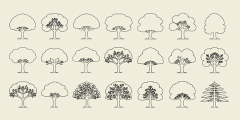 Hand drawn tree icon set with various shapes and outlines, black and white doodle style trees collection for design and decoration

