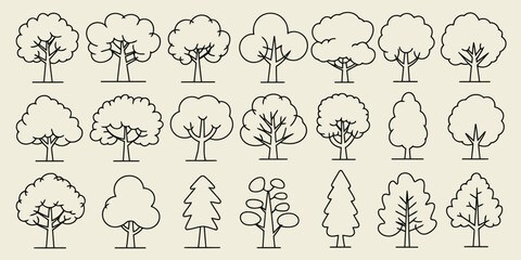 Hand drawn tree icon set with various shapes and outlines, black and white doodle style trees collection for design and decoration   © Art by Redu
