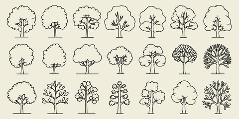 Hand drawn tree icon set with various shapes and outlines, black and white doodle style trees collection for design and decoration   © Art by Redu