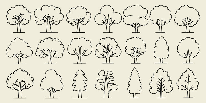 Hand drawn tree icon set with various shapes and outlines, black and white doodle style trees collection for design and decoration

