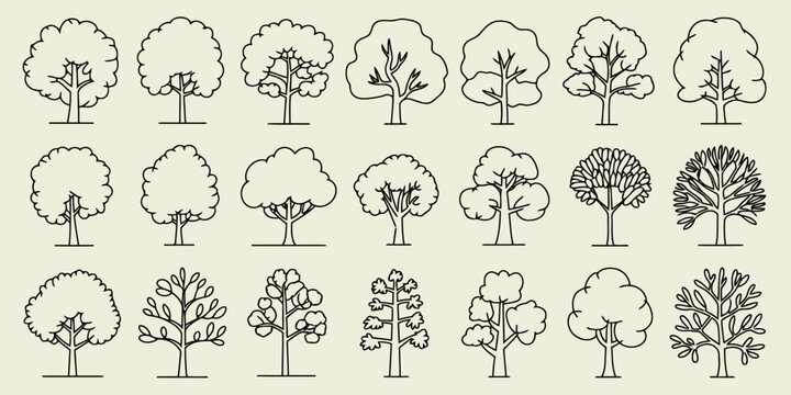 Hand drawn tree icon set with various shapes and outlines, black and white doodle style trees collection for design and decoration

