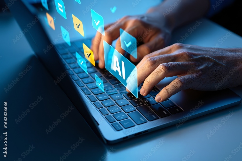 Poster ai artificial intelligence machine learning concept on laptop keyboard technology