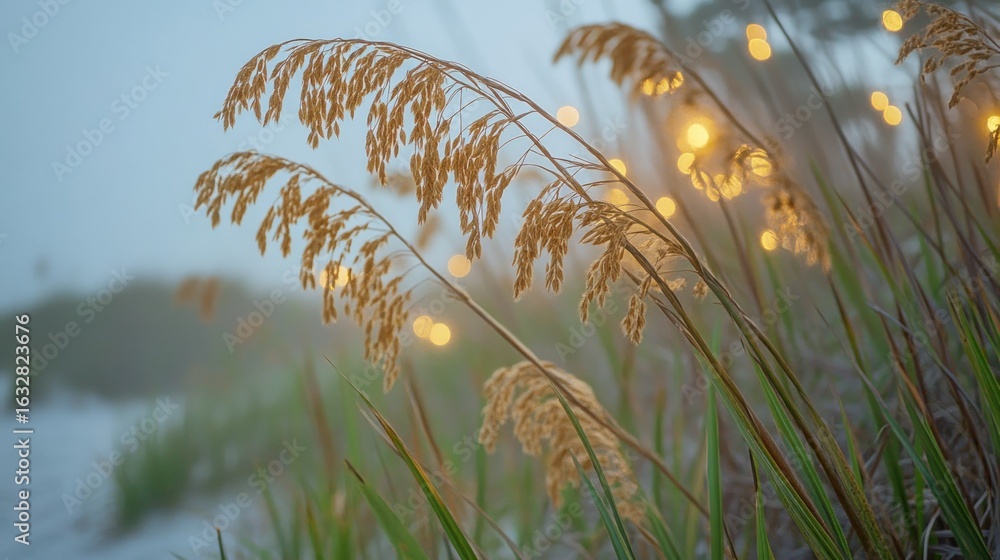 Poster close up of tall grass with bokeh lights in the background