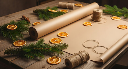 Festive holiday gift wrapping preparation with kraft paper twine dried oranges and fir branches.