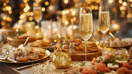 Glamorous New Year's Eve Party Celebration with Champagne, Gourmet Appetizers, Elegant Table Setting, and Festive Decor Featuring Bokeh Lights and Golden Accents