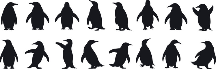 silhouette set, animal pose icons, walking penguin shapes, black vector illustration, bird movement design, wildlife graphic collection