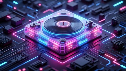 Futuristic neon turntable dj setup for music production and electronic dance music art
