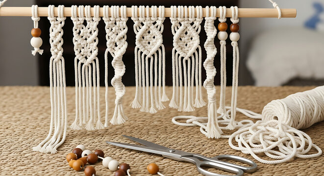 Handmade macrame wall hanging in progress featuring white cotton cord intricate knots and wooden beads on a dowel.