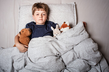 Cute little boy sleeping peacefully in bed, holding soft stuffed animals. Cozy childhood bedtime...