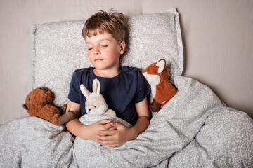 Cute little boy sleeping peacefully in bed, holding soft stuffed animals. Cozy childhood bedtime...