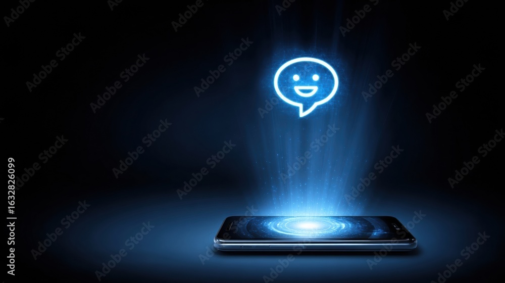 Poster innovative smartphone displaying a floating holographic chat icon in a dark environment