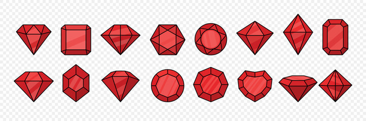 Vector Gemstone Shapes and Gemstone Cuts Set with Outline for Jewelry Design. Gemstone Illustration - Diamond, Emerald, Round, Heart, Octagon, Geometric Crystal Line Art, Isolated