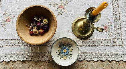 Rustic still life with a wooden bowl of dried flowers a handpainted folk art ceramic dish and a vintage brass candlestick on a lace tablecloth.