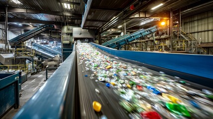 Fototapeta premium Plastic Waste Recycling: Efficient Conveyor Belt Sorting Process in an Industrial Facility for Environmental Sustainability and Pollution Reduction in the Green Industry