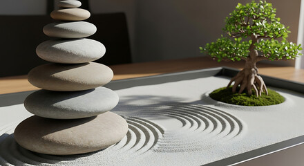 Serene desktop Zen garden with a tower of balanced stones and a miniature bonsai tree on raked sand.