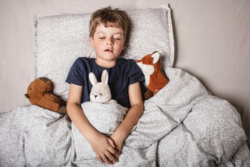 Cute little boy sleeping peacefully in bed, holding soft stuffed animals. Cozy childhood bedtime...