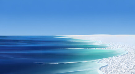 Sea Meets Ice: A vivid landscape where the tranquil sea converges with the glacial expanse. The blue water transitions beautifully to the icy plain under the vast blue sky.