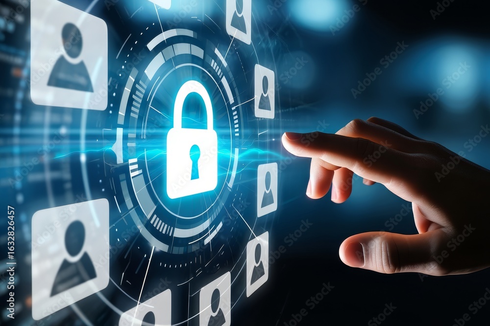 Poster understanding cybersecurity data protection and privacy concept with padlock icon
