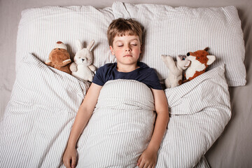 Cute little boy sleeping peacefully in bed, holding soft stuffed animals. Cozy childhood bedtime...