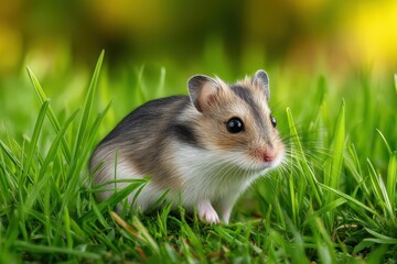 Cute small hamster exploring lush green grass in a sunlit garden during a peaceful afternoon