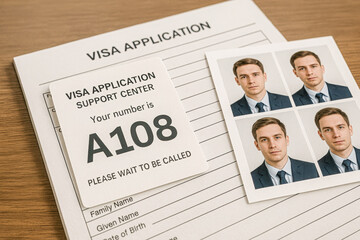 Close-up of a visa application form on a desk with a queue ticket labeled &ldquo;A108&rdquo; from a visa application support center, a sheet of four passport photos, symbolizing the process of applying for visa