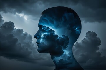 Mental health concept illustration of a head in the clouds stormy weather art