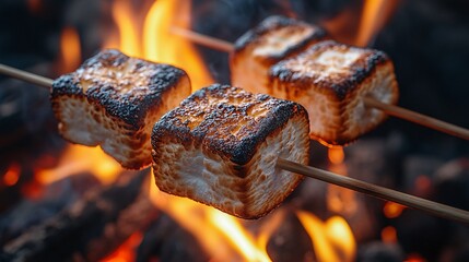 Golden Brown Toasted Marshmallows On Skewers Over Campfire Flames