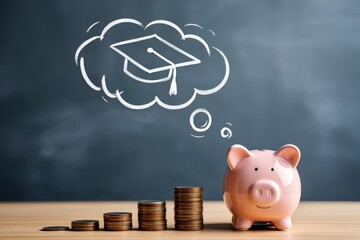 Saving for college education fund with piggy bank and graduation cap drawing concept
